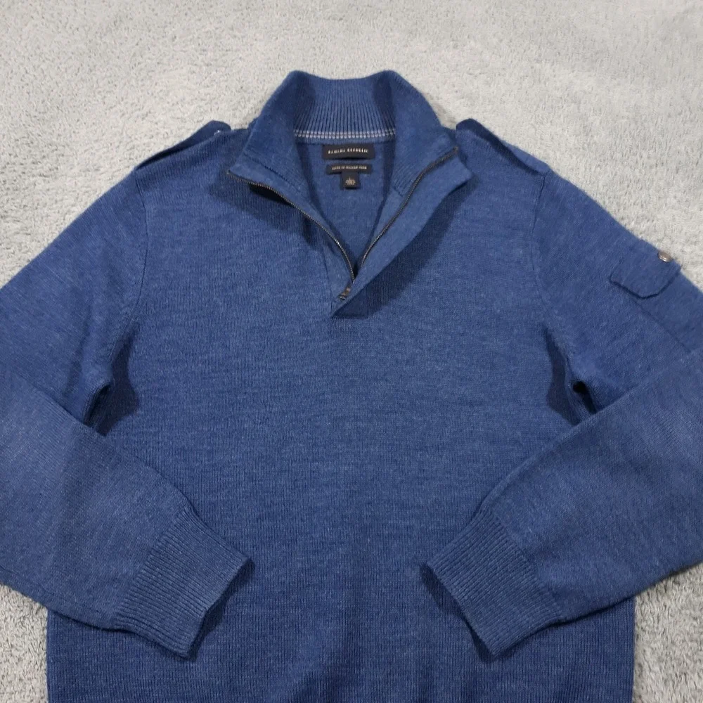 Banana Republic Wool Blend Sweater Mens Large Blue Pullover 1/4 Zip Epaulletes